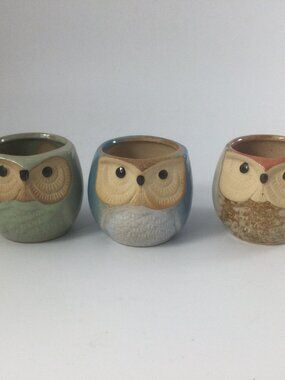 Set of 3 Miniature Small Ceramic Planter Pot Owls Green Blue Beige 2 2/8" H